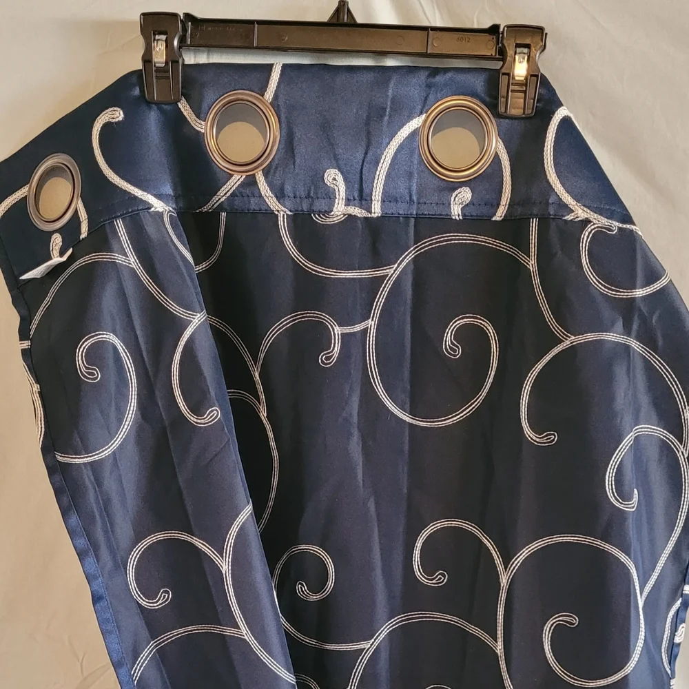 4 Navy Blue Satin Curtain Panels with Cream White Swirl Design, 26×84